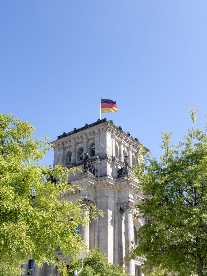 MimSin Dil Okulu The Reichstag building in Berlin with a German flag waving on a clear summer day.